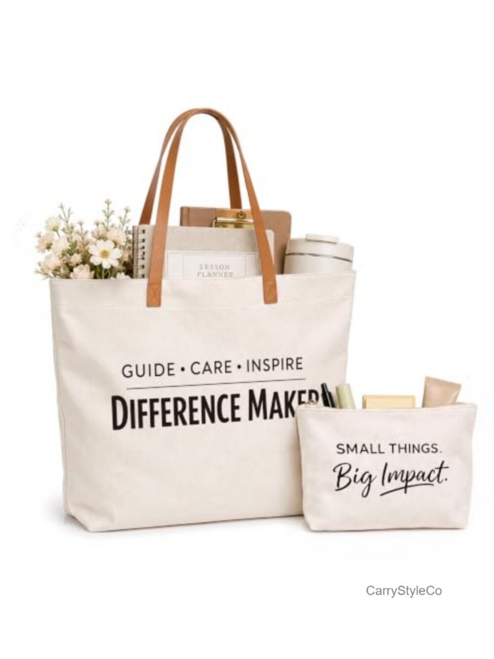 Canvas Tote Set with Pouch Vegan Leather Straps Zippered Top Teacher Gift
